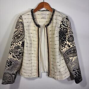 Chico's Textured Tweed Jacket Metallic Brocade Sleeve Chain Trim Size 0